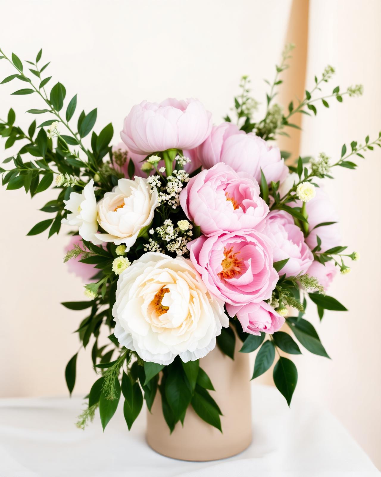 Lush asymmetrical bouquet of peonies and greenery